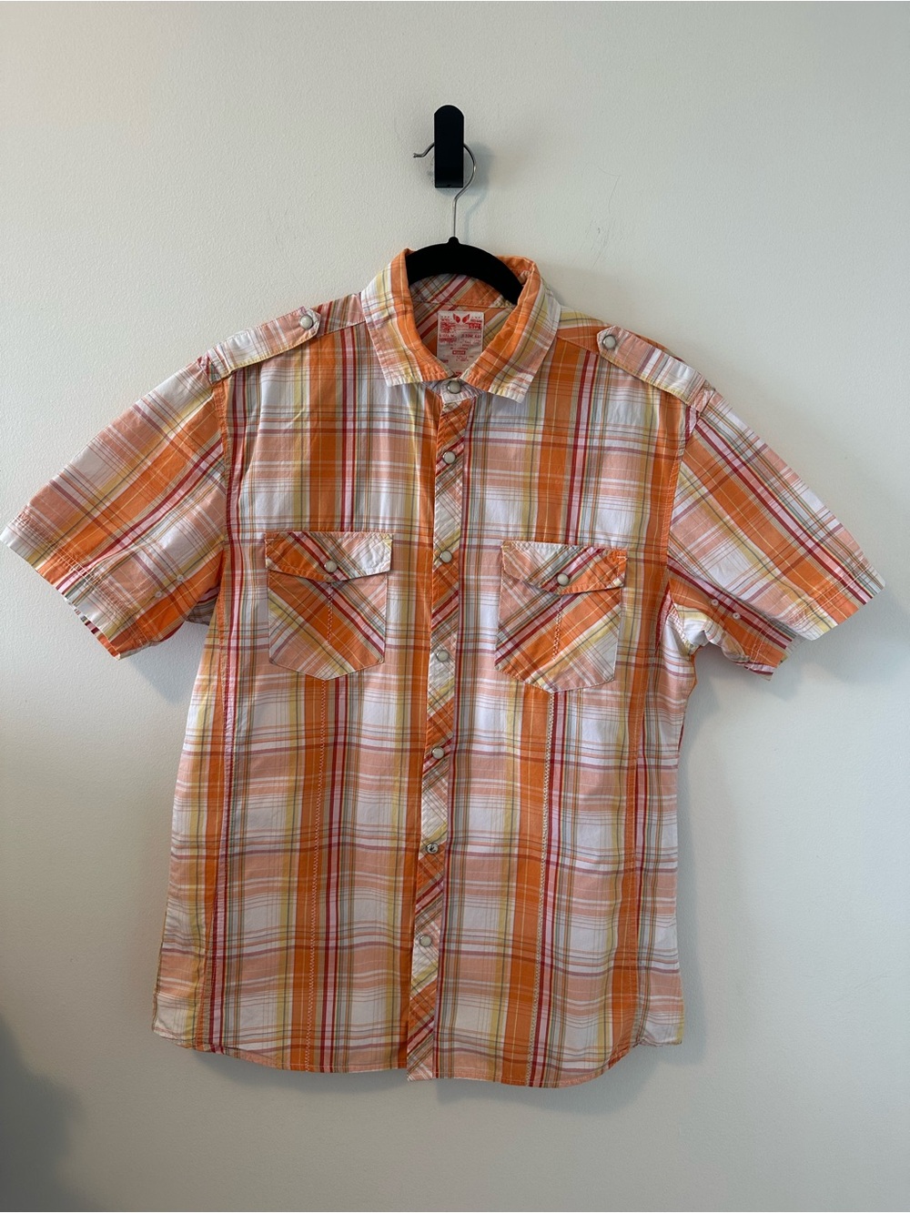 Burton Men's Orange Plaid Western Short-Sleeve Pearl Snap Button Up Shirt Sz M